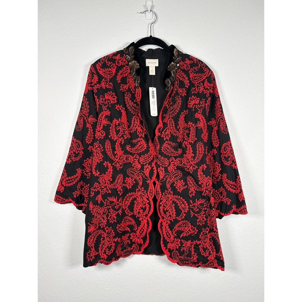 Women's Chico's Collectibles Red Embroidered Beaded Velvet Collar Jacket